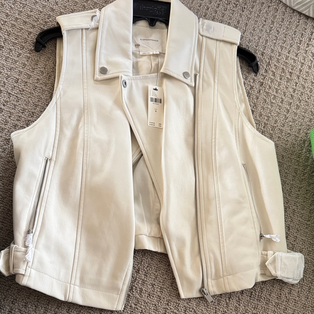 Anthropologie Cream Leather Cropped Moto Vest